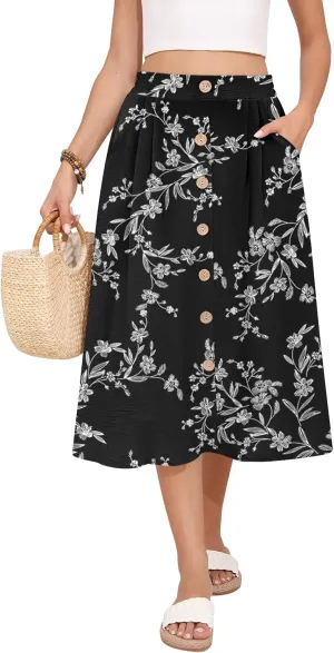 Women's Midi Skirt Summer Flowy High Waisted Casual Button Front Skirts with Pockets