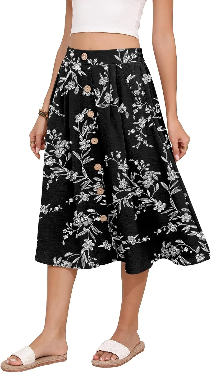 Women's Midi Skirt Summer Flowy High Waisted Casual Button Front Skirts with Pockets