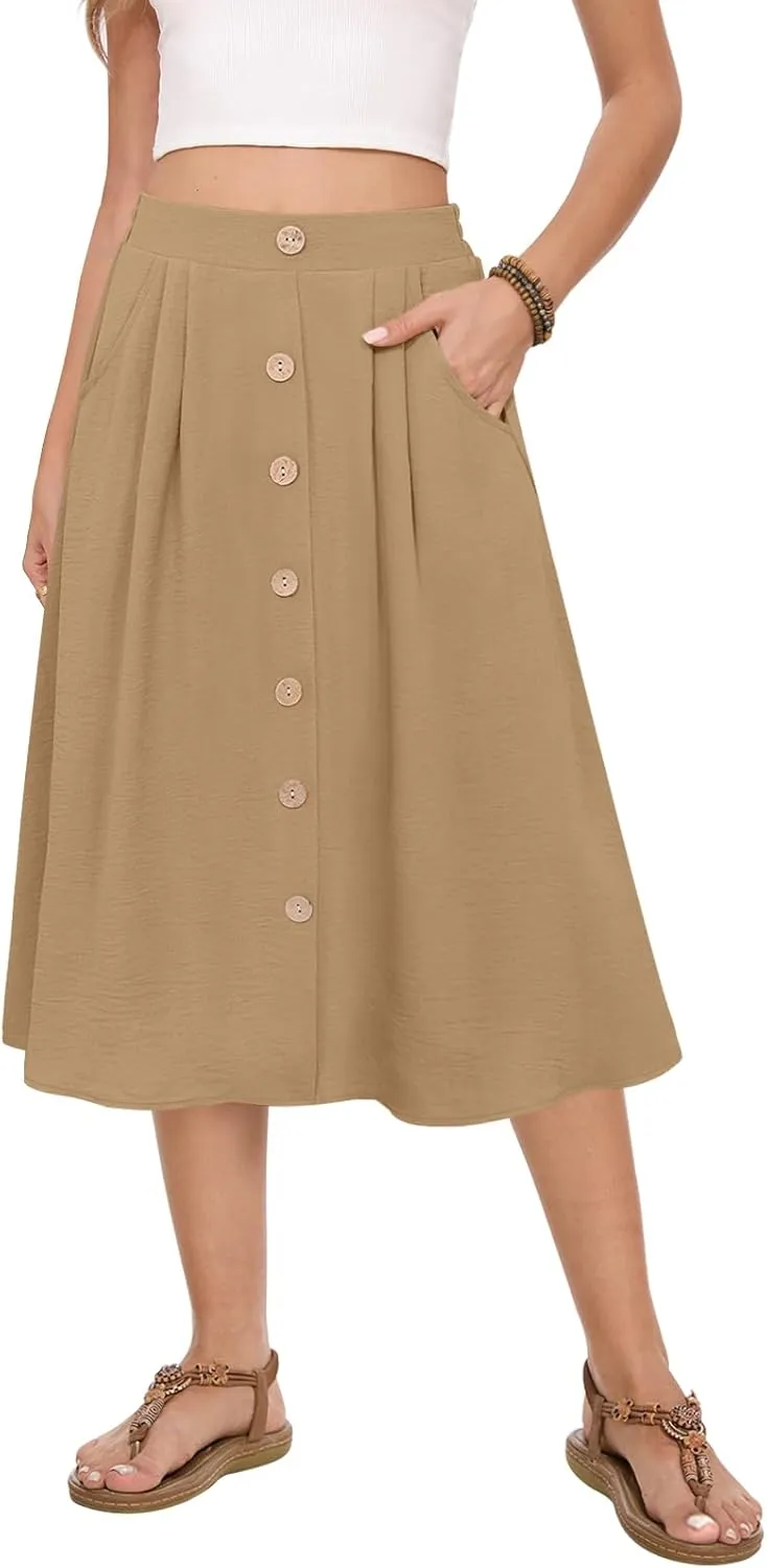 Women's Midi Skirt Summer Flowy High Waisted Casual Button Front Skirts with Pockets