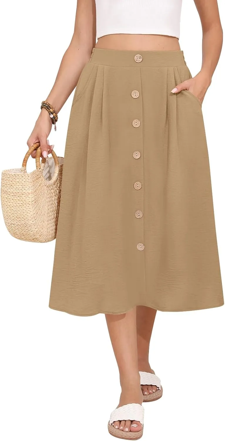 Women's Midi Skirt Summer Flowy High Waisted Casual Button Front Skirts with Pockets