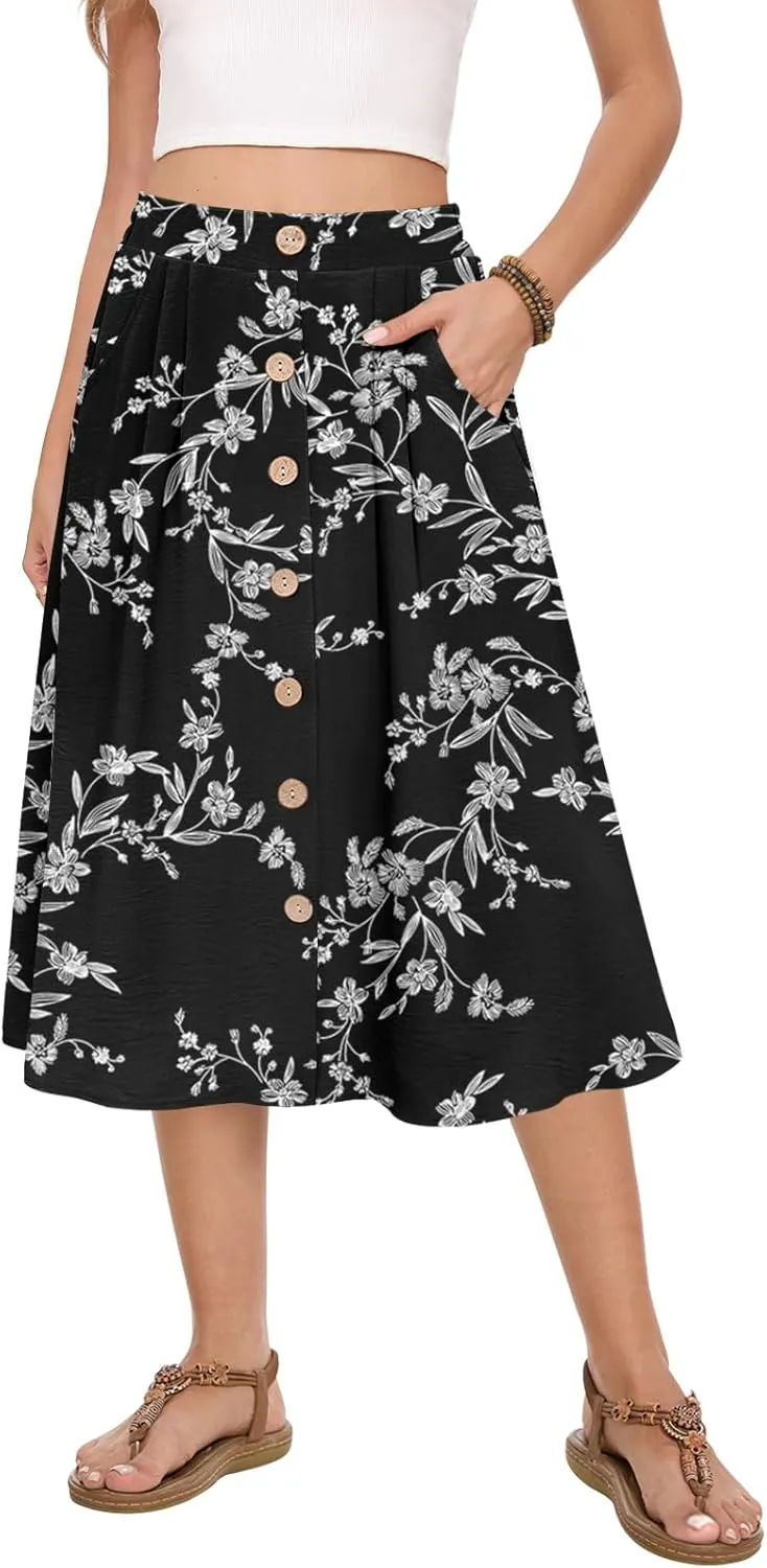 Women's Midi Skirt Summer Flowy High Waisted Casual Button Front Skirts with Pockets