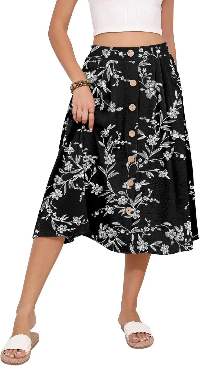 Women's Midi Skirt Summer Flowy High Waisted Casual Button Front Skirts with Pockets