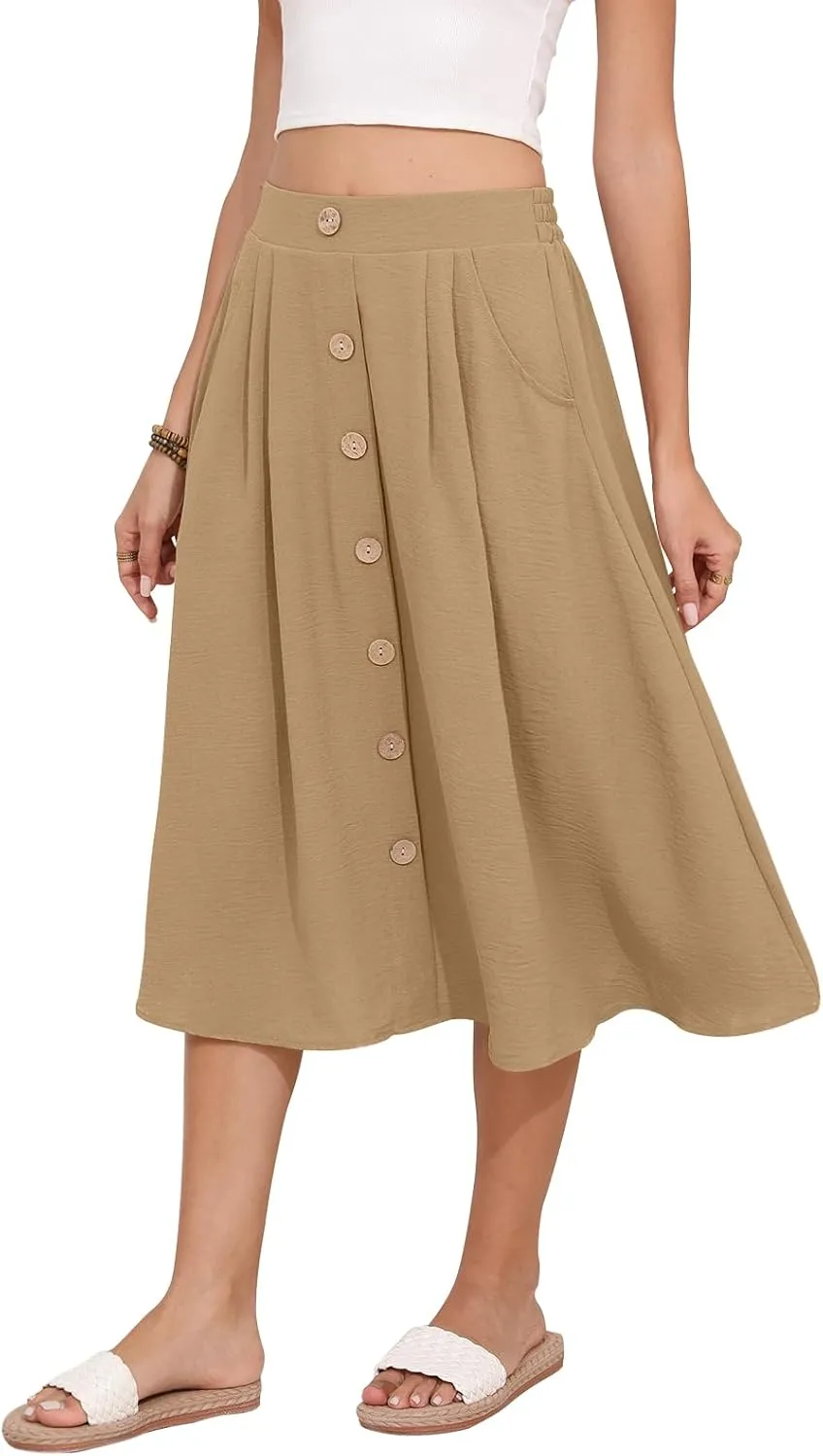 Women's Midi Skirt Summer Flowy High Waisted Casual Button Front Skirts with Pockets