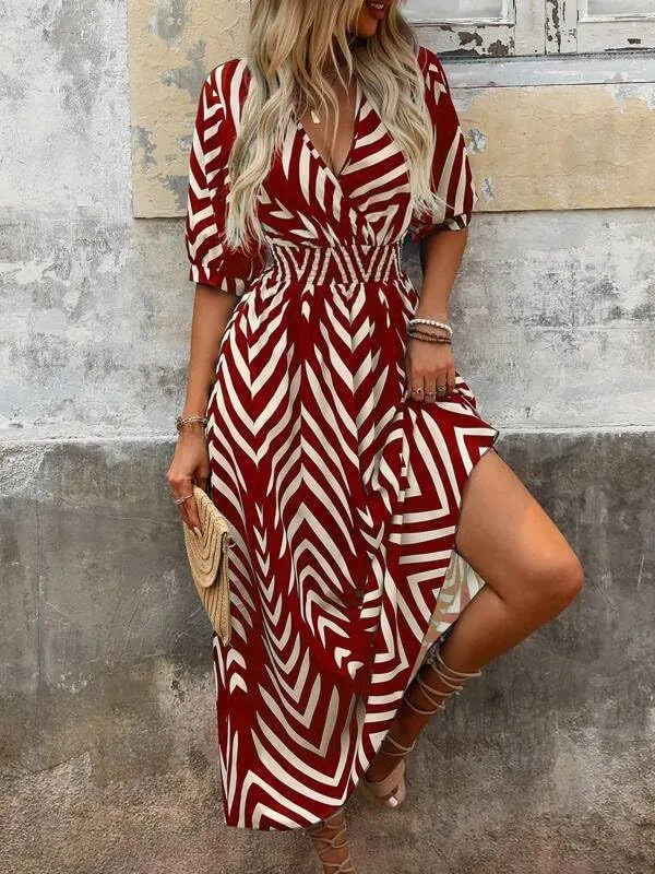 Women's Midi Wrap Dress Color Block Striped V-Neck Dresses Flutter Sleeves Summer Geometric Print Dress