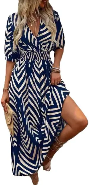 Women's Midi Wrap Dress Color Block Striped V-Neck Dresses Flutter Sleeves Summer Geometric Print Dress