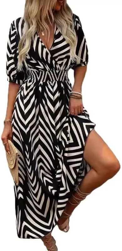 Women's Midi Wrap Dress Color Block Striped V-Neck Dresses Flutter Sleeves Summer Geometric Print Dress