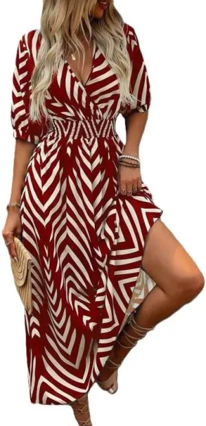 Women's Midi Wrap Dress Color Block Striped V-Neck Dresses Flutter Sleeves Summer Geometric Print Dress