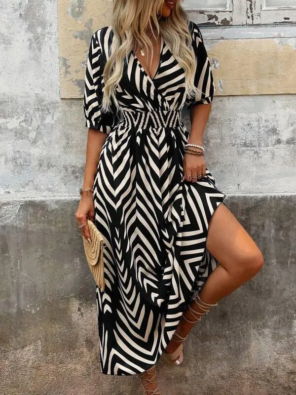 Women's Midi Wrap Dress Color Block Striped V-Neck Dresses Flutter Sleeves Summer Geometric Print Dress
