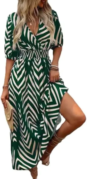 Women's Midi Wrap Dress Color Block Striped V-Neck Dresses Flutter Sleeves Summer Geometric Print Dress