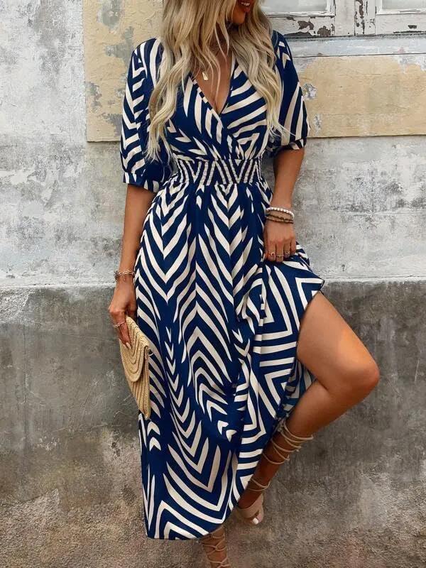 Women's Midi Wrap Dress Color Block Striped V-Neck Dresses Flutter Sleeves Summer Geometric Print Dress