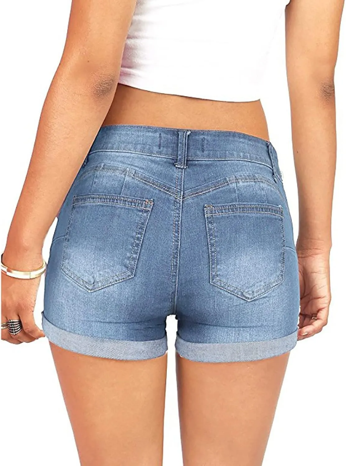 Women's Ripped Denim Shorts with Pockets,High-Waisted Stretch Fit,Distressed Hem Casual Summer Style