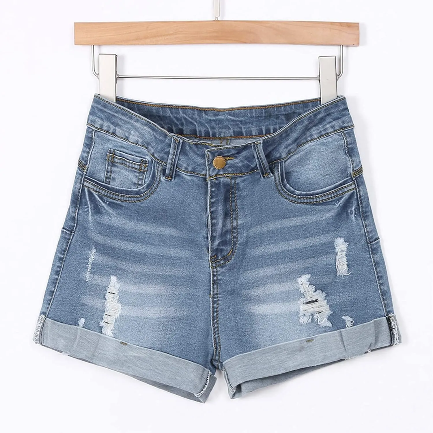 Women's Ripped Denim Shorts with Pockets,High-Waisted Stretch Fit,Distressed Hem Casual Summer Style