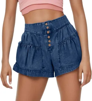 Women's Ruffle Denim Shorts 2025 Summer Y2k Casual Flowy High Waisted Wide Leg Buttons Pleated Jean Shorts Teen Girls
