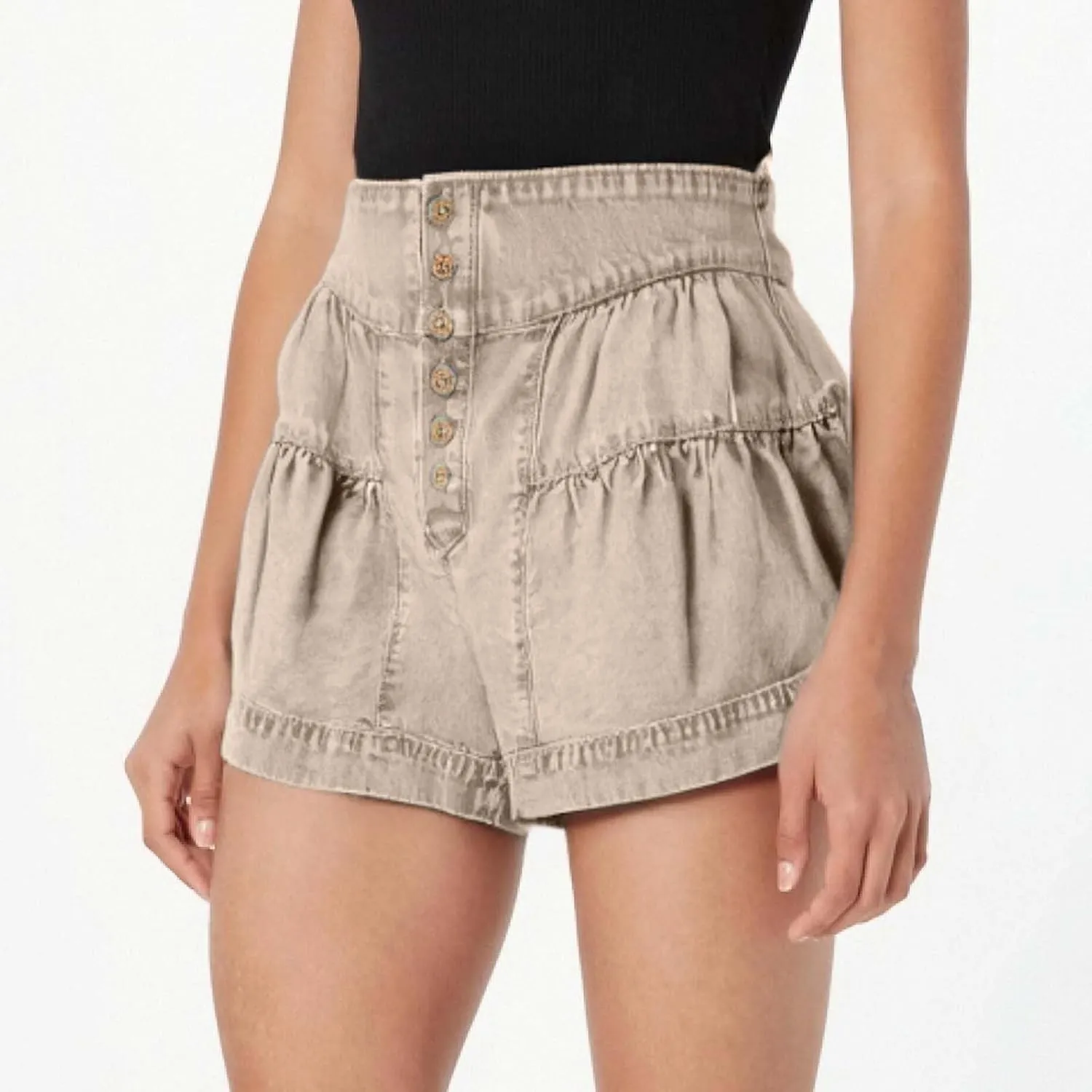 Women's Ruffle Denim Shorts 2025 Summer Y2k Casual Flowy High Waisted Wide Leg Buttons Pleated Jean Shorts Teen Girls