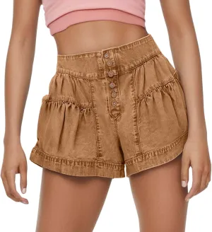 Women's Ruffle Denim Shorts 2025 Summer Y2k Casual Flowy High Waisted Wide Leg Buttons Pleated Jean Shorts Teen Girls