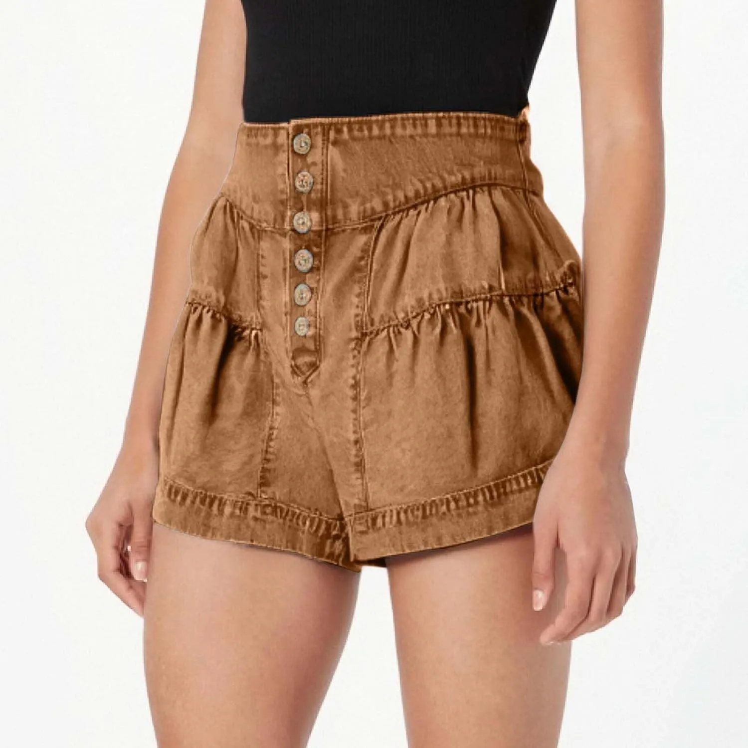 Women's Ruffle Denim Shorts 2025 Summer Y2k Casual Flowy High Waisted Wide Leg Buttons Pleated Jean Shorts Teen Girls