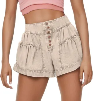 Women's Ruffle Denim Shorts 2025 Summer Y2k Casual Flowy High Waisted Wide Leg Buttons Pleated Jean Shorts Teen Girls