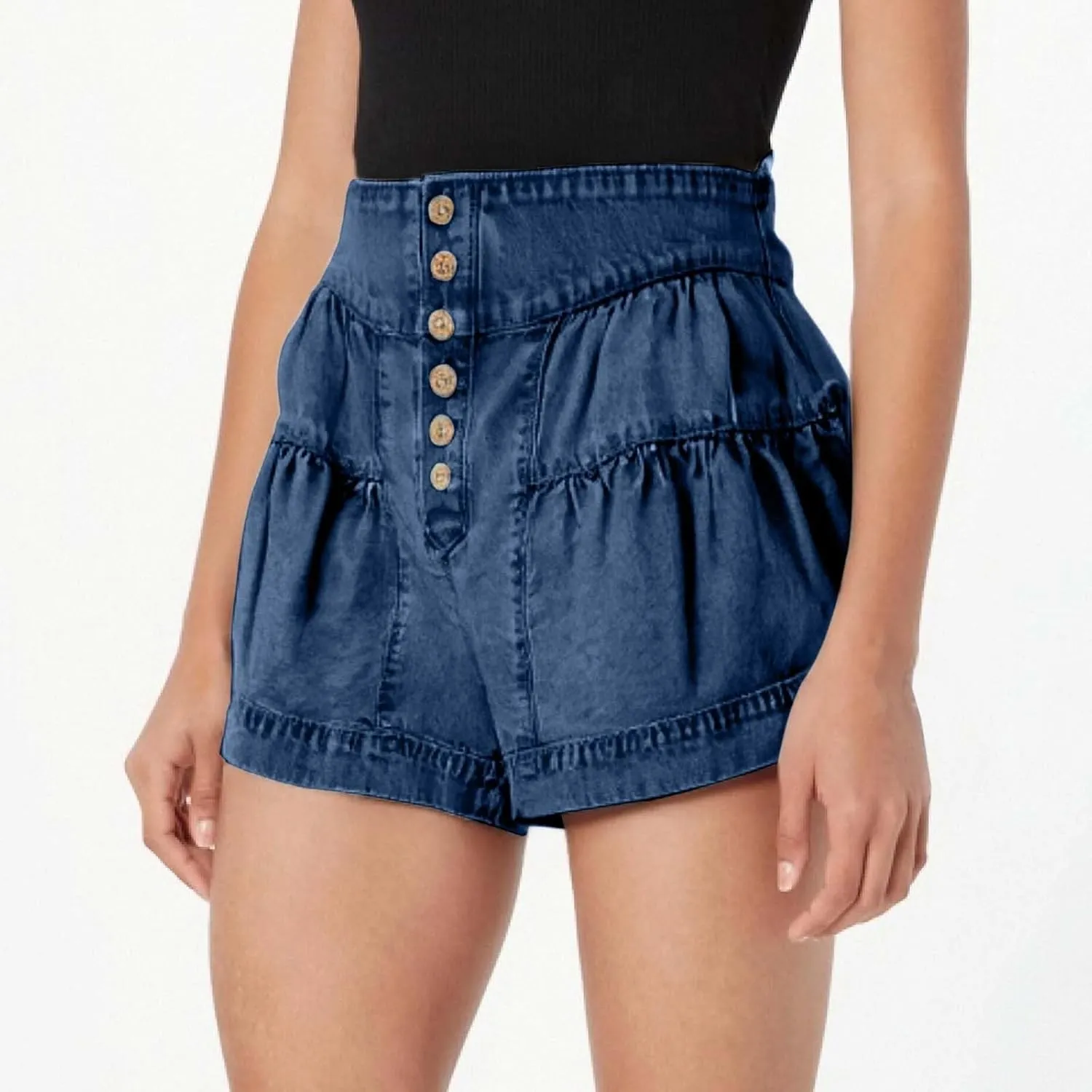 Women's Ruffle Denim Shorts 2025 Summer Y2k Casual Flowy High Waisted Wide Leg Buttons Pleated Jean Shorts Teen Girls