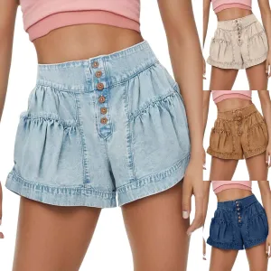 Women's Ruffle Denim Shorts 2025 Summer Y2k Casual Flowy High Waisted Wide Leg Buttons Pleated Jean Shorts Teen Girls