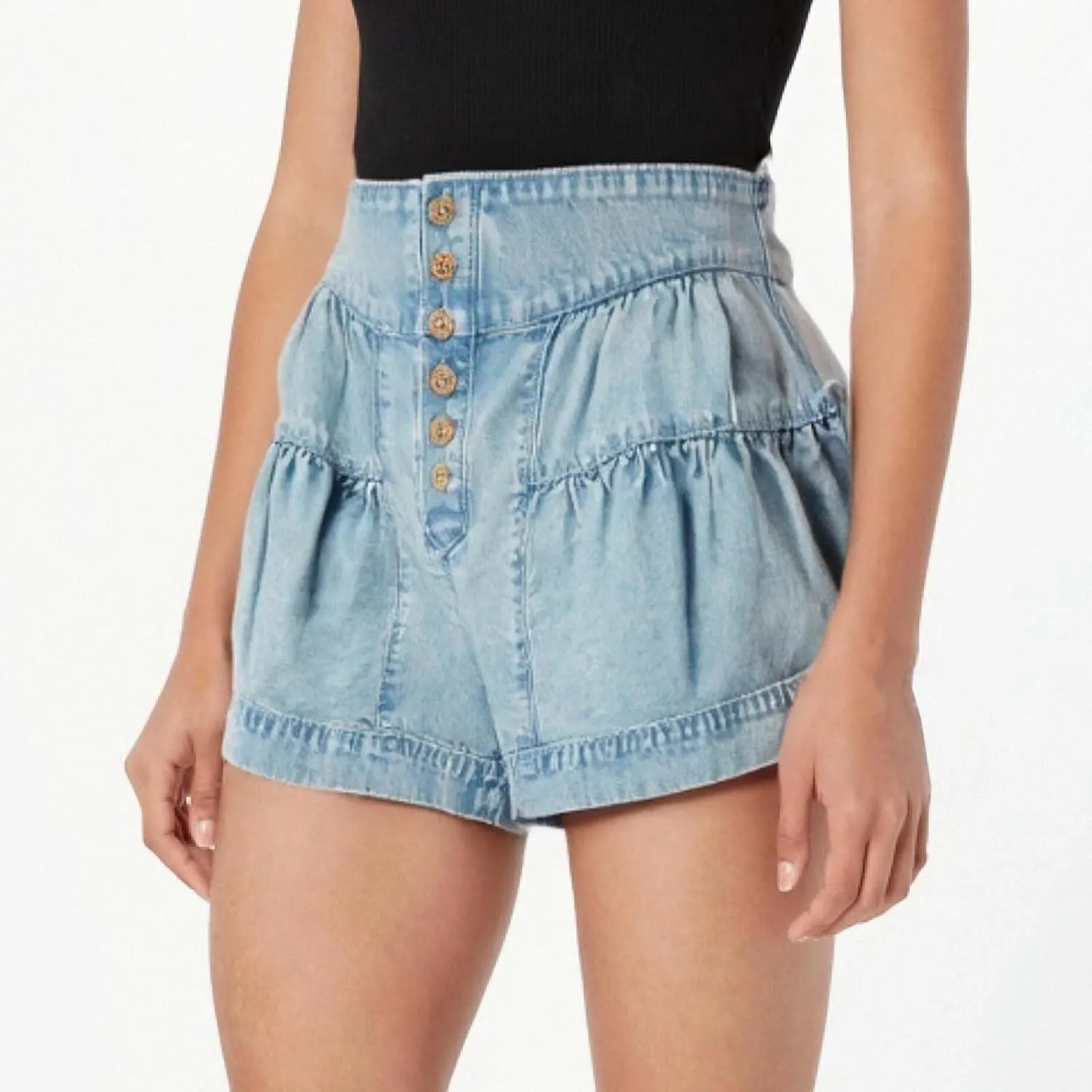 Women's Ruffle Denim Shorts 2025 Summer Y2k Casual Flowy High Waisted Wide Leg Buttons Pleated Jean Shorts Teen Girls
