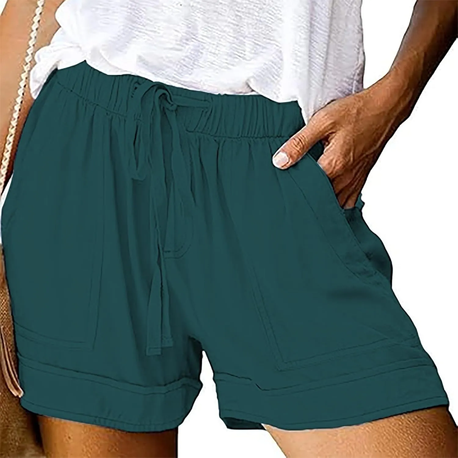 Womens Shorts 2025 Summer Casual Trendy Solid Pants High Waist Elastic Drawstring Comfy Lightweight with Deep Pockets