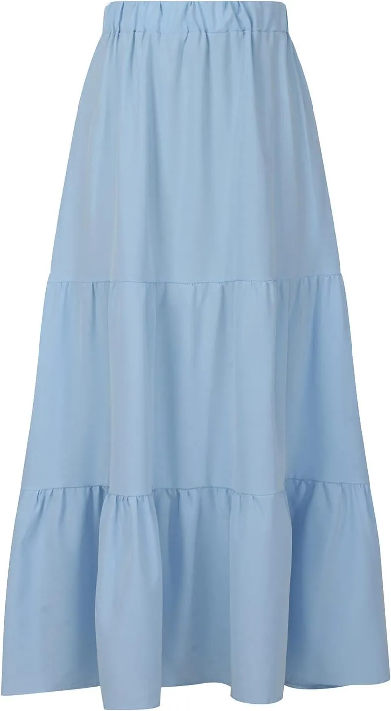 Women’s Summer Boho Midi Skirt Flowy Swing Tiered A-Line Skirts with Pockets 2025 Trendy Ruffle Pleated Beach Dress