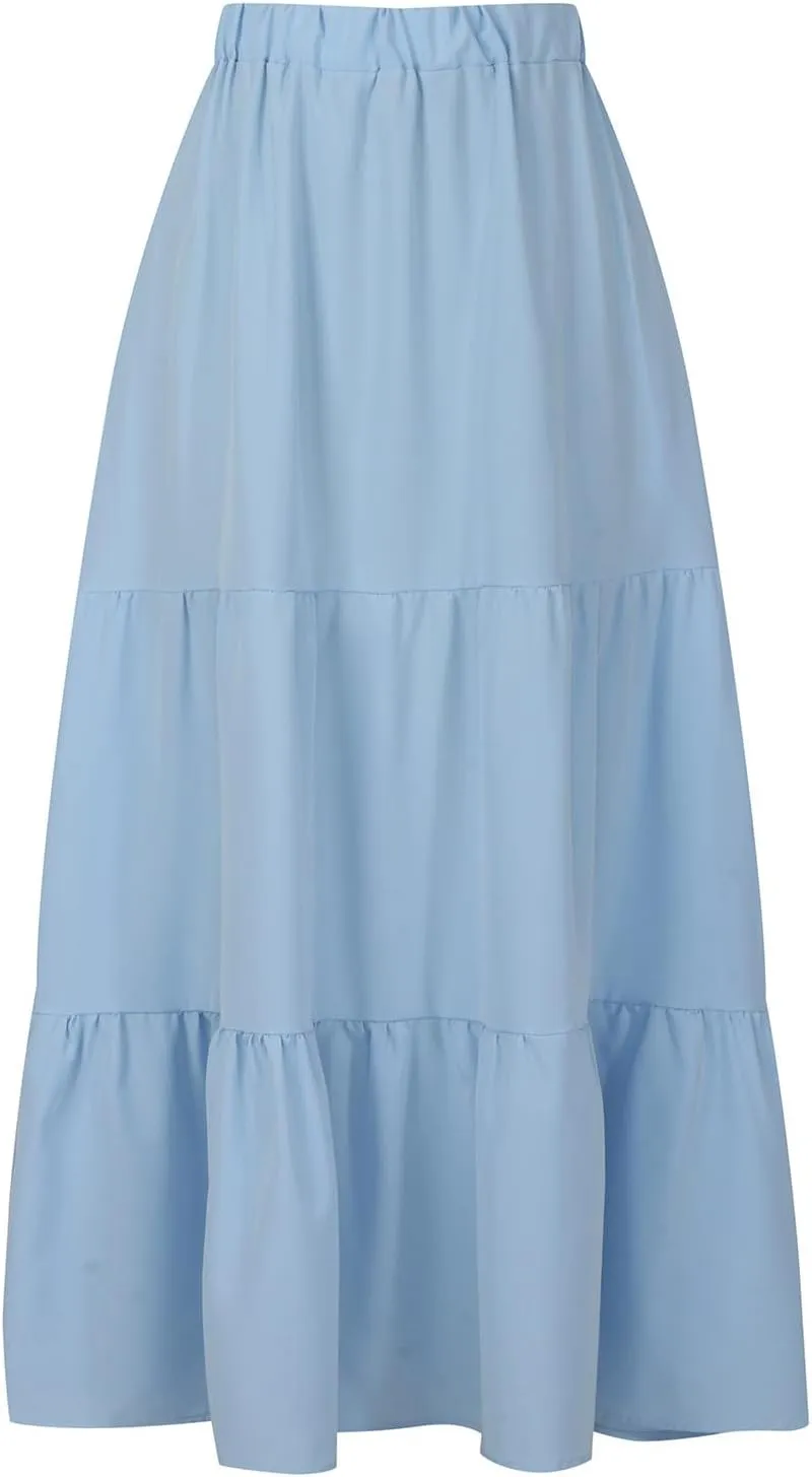 Women’s Summer Boho Midi Skirt Flowy Swing Tiered A-Line Skirts with Pockets 2025 Trendy Ruffle Pleated Beach Dress