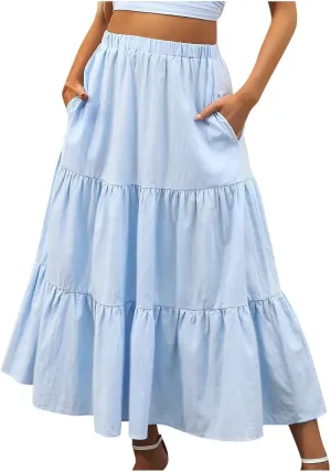Women’s Summer Boho Midi Skirt Flowy Swing Tiered A-Line Skirts with Pockets 2025 Trendy Ruffle Pleated Beach Dress
