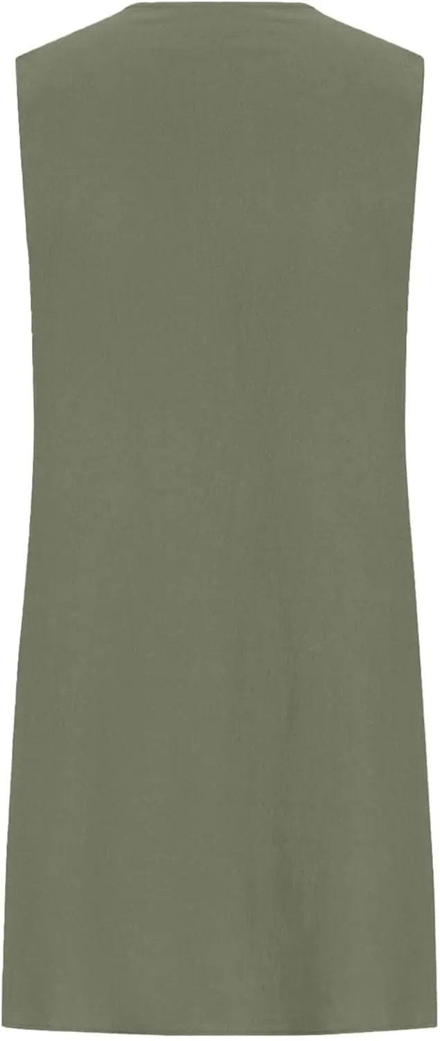Womens Summer Cotton Linen Shirt Dress 2025 Vacation Casual Loose Boho Tank Dresses Plus Size Pleated Maxi Sundresses