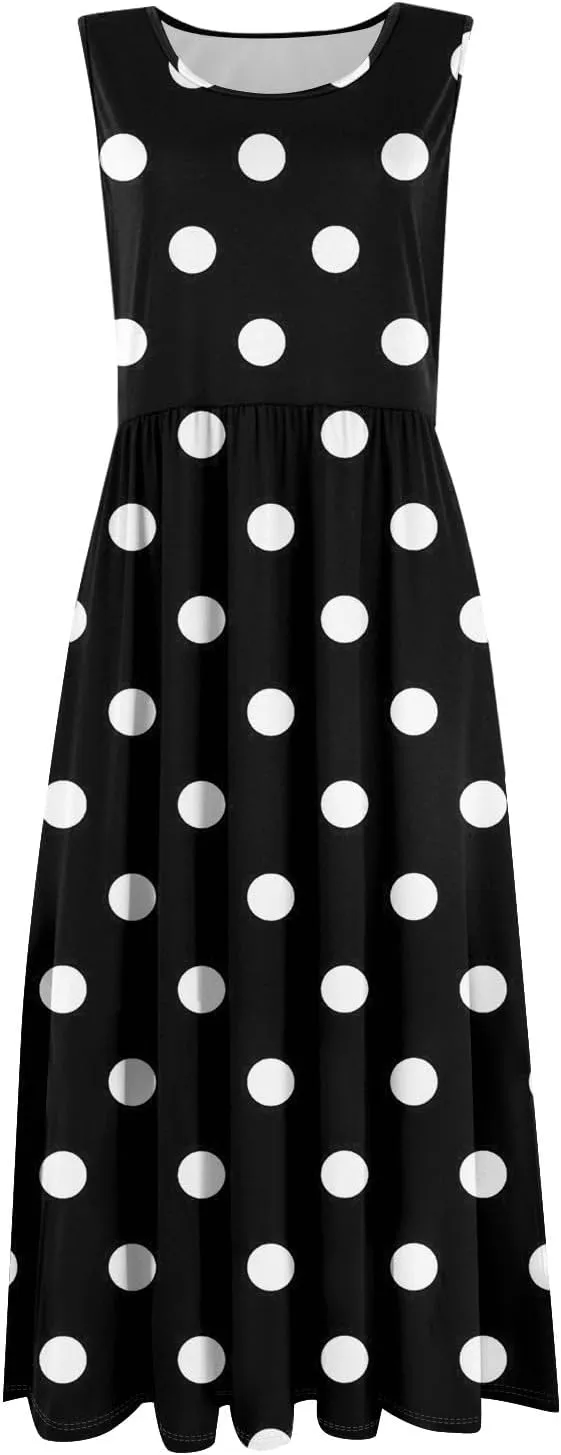 Womens Summer Dresses Flowy Sleeveless Mid Dress Casual Loose A-Line Sundresses Floral Tshirt Tank Dresses with Pockets