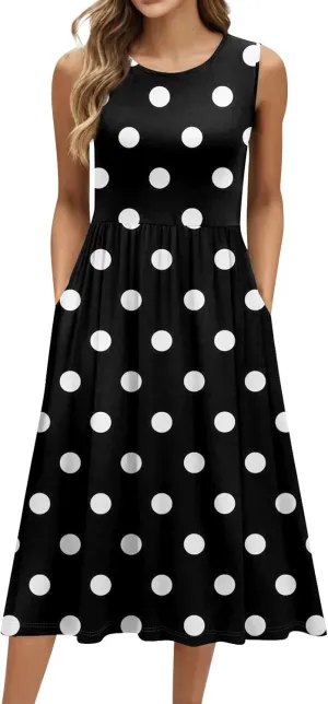Womens Summer Dresses Flowy Sleeveless Mid Dress Casual Loose A-Line Sundresses Floral Tshirt Tank Dresses with Pockets