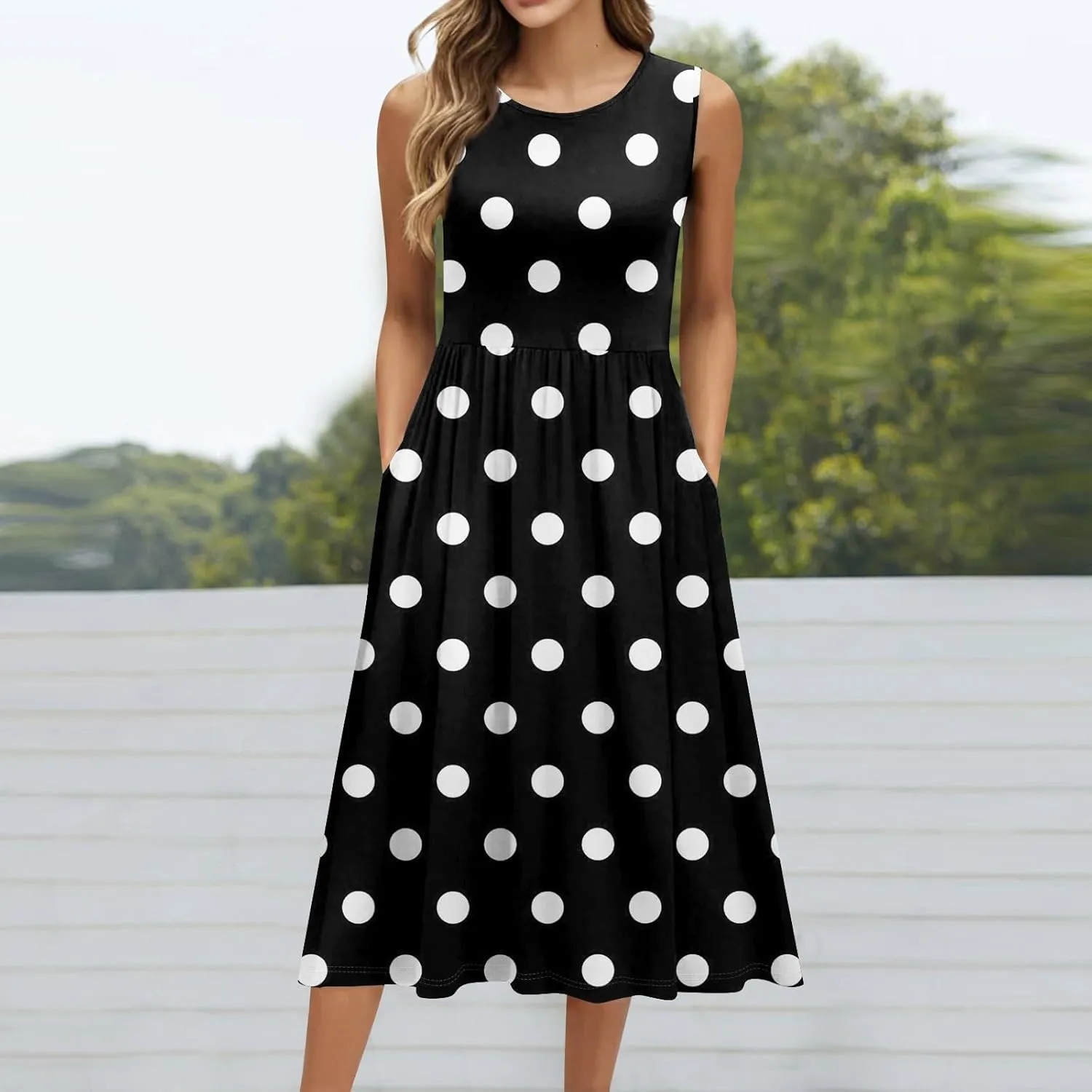 Womens Summer Dresses Flowy Sleeveless Mid Dress Casual Loose A-Line Sundresses Floral Tshirt Tank Dresses with Pockets