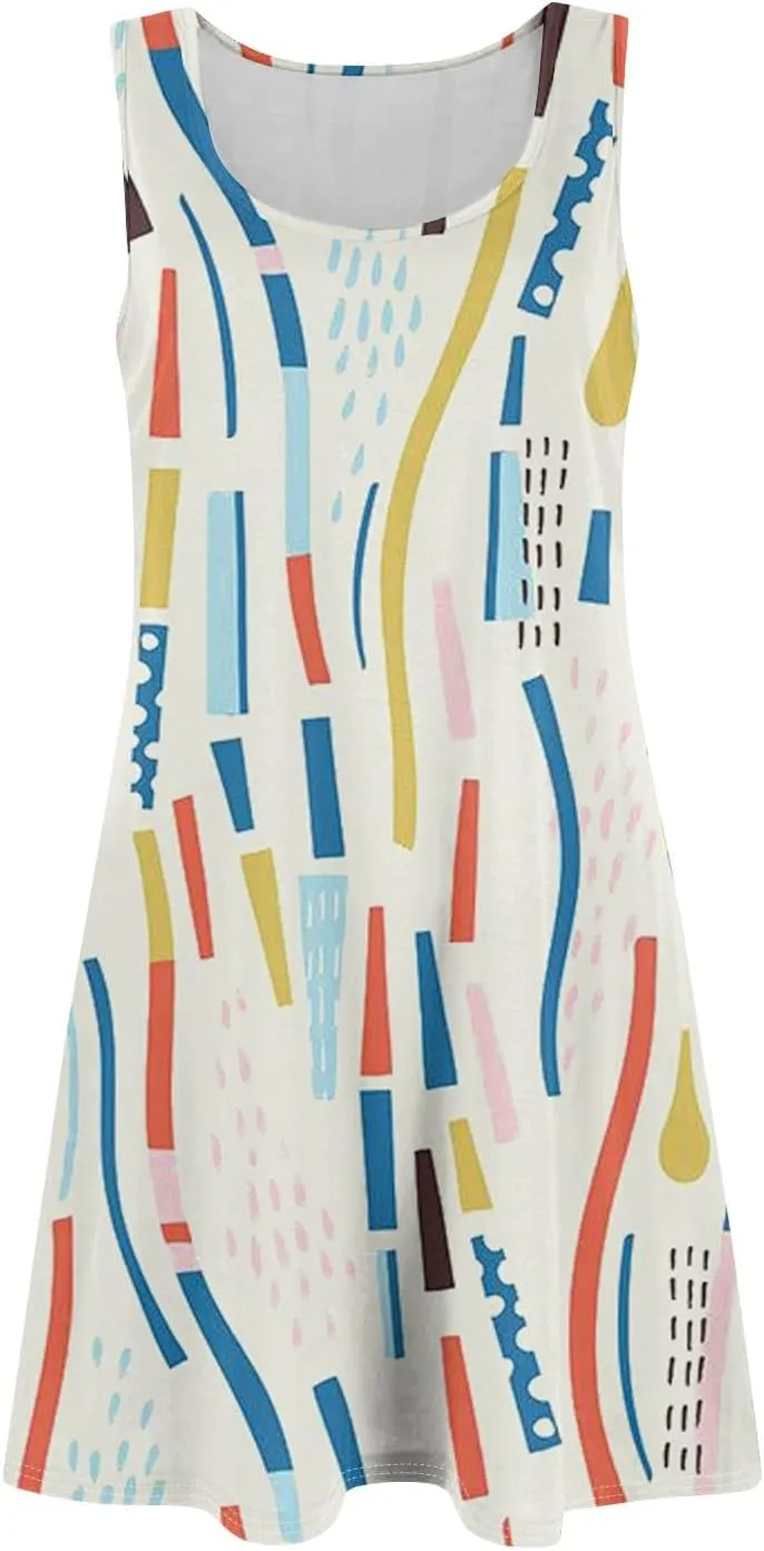 Womens Summer Dresses Prited Sundresses Beach Loose Tshirt Tank Dresses Flowy Sleeveless Mini Dress with Pockets