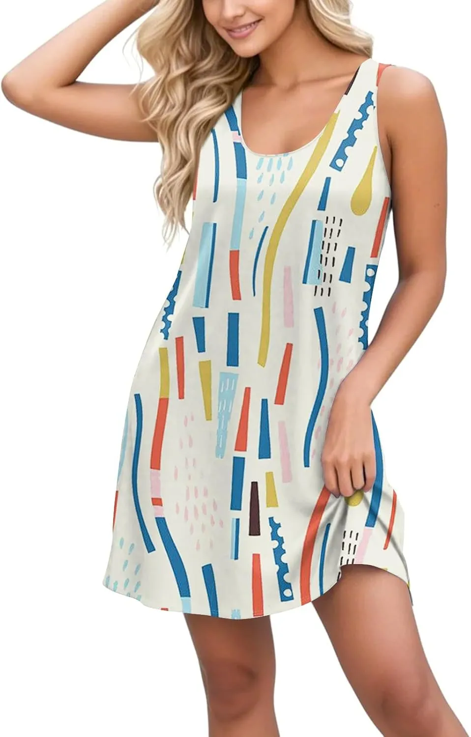 Womens Summer Dresses Prited Sundresses Beach Loose Tshirt Tank Dresses Flowy Sleeveless Mini Dress with Pockets