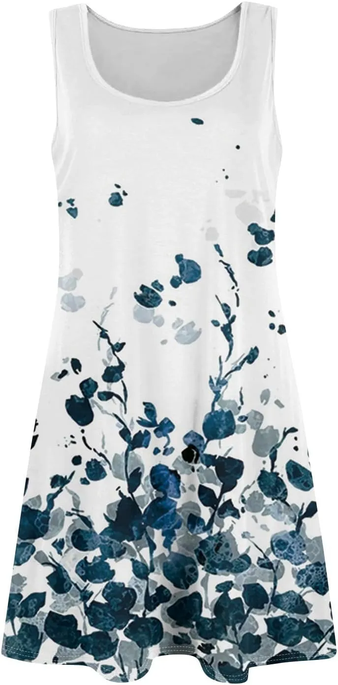 Womens Summer Dresses Prited Sundresses Beach Loose Tshirt Tank Dresses Flowy Sleeveless Mini Dress with Pockets