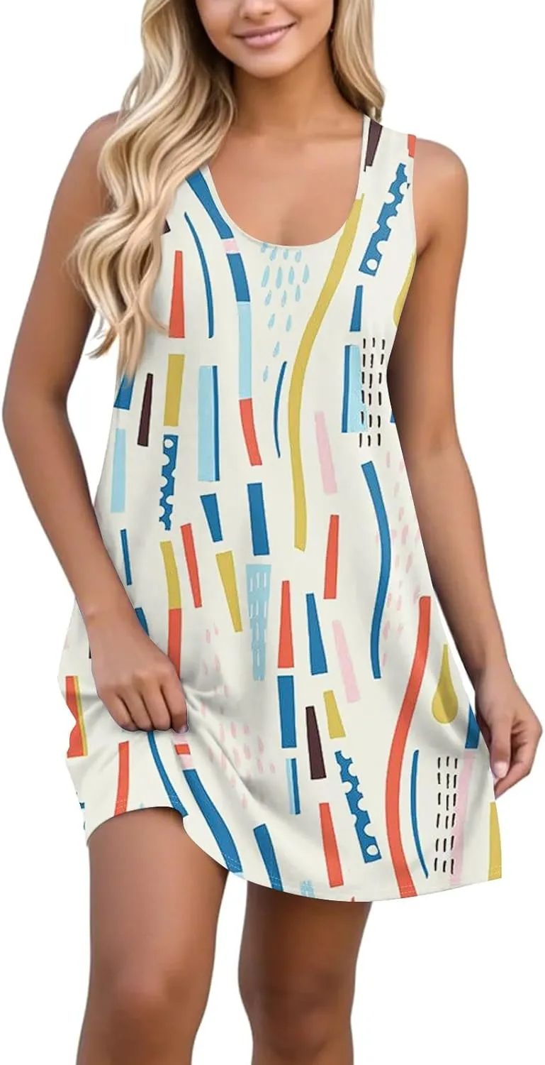 Womens Summer Dresses Prited Sundresses Beach Loose Tshirt Tank Dresses Flowy Sleeveless Mini Dress with Pockets