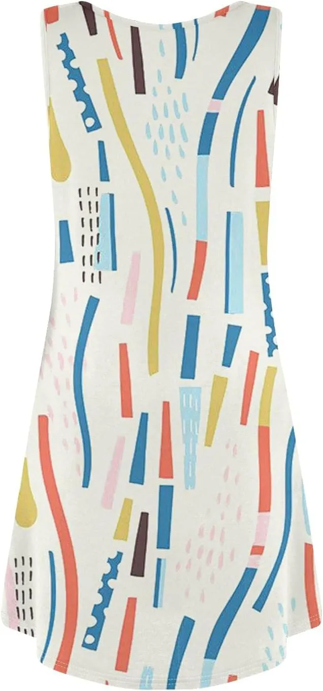 Womens Summer Dresses Prited Sundresses Beach Loose Tshirt Tank Dresses Flowy Sleeveless Mini Dress with Pockets