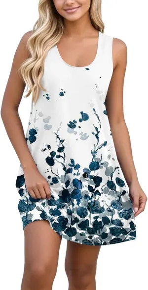 Womens Summer Dresses Prited Sundresses Beach Loose Tshirt Tank Dresses Flowy Sleeveless Mini Dress with Pockets