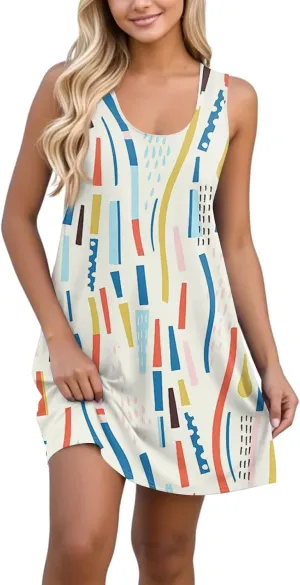 Womens Summer Dresses Prited Sundresses Beach Loose Tshirt Tank Dresses Flowy Sleeveless Mini Dress with Pockets