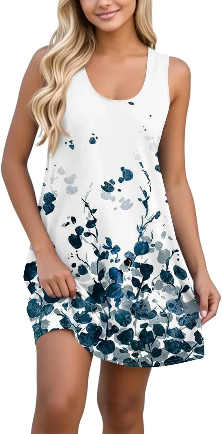 Womens Summer Dresses Prited Sundresses Beach Loose Tshirt Tank Dresses Flowy Sleeveless Mini Dress with Pockets