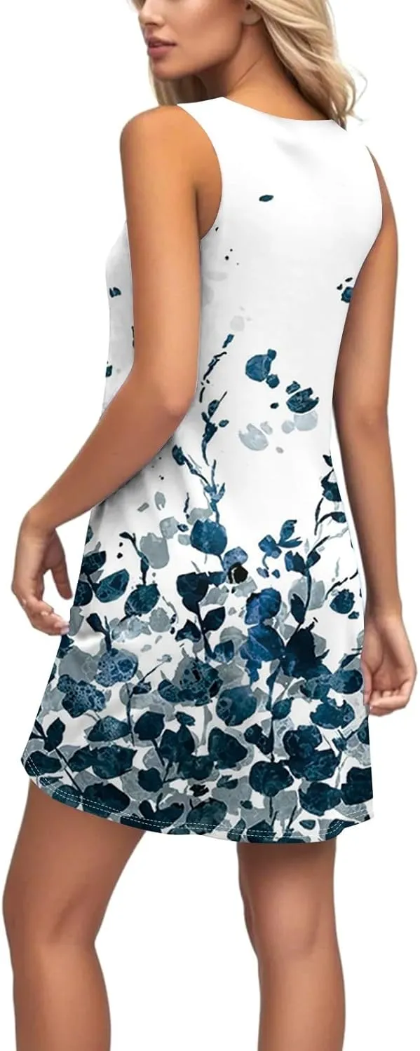 Womens Summer Dresses Prited Sundresses Beach Loose Tshirt Tank Dresses Flowy Sleeveless Mini Dress with Pockets