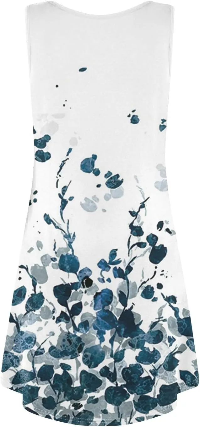 Womens Summer Dresses Prited Sundresses Beach Loose Tshirt Tank Dresses Flowy Sleeveless Mini Dress with Pockets