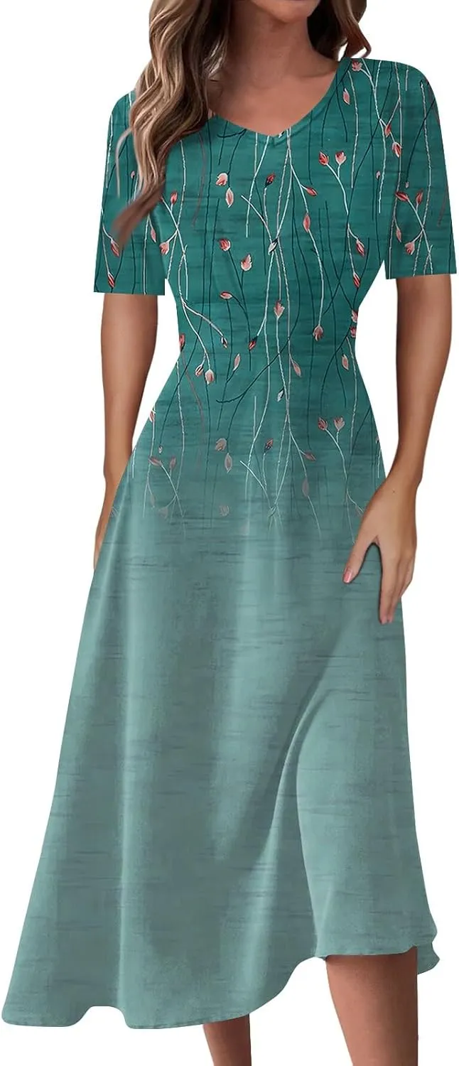 Womens Summer Dresses Sexy V Neck Dresses Short Sleeve Loose Fit Tunic Dress Casual Plus Size Flowy Dresses 2024