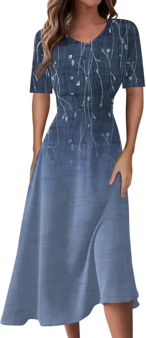 Womens Summer Dresses Sexy V Neck Dresses Short Sleeve Loose Fit Tunic Dress Casual Plus Size Flowy Dresses 2024