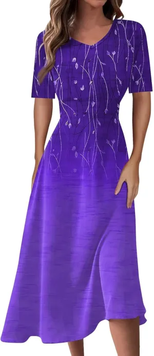 Womens Summer Dresses Sexy V Neck Dresses Short Sleeve Loose Fit Tunic Dress Casual Plus Size Flowy Dresses 2024