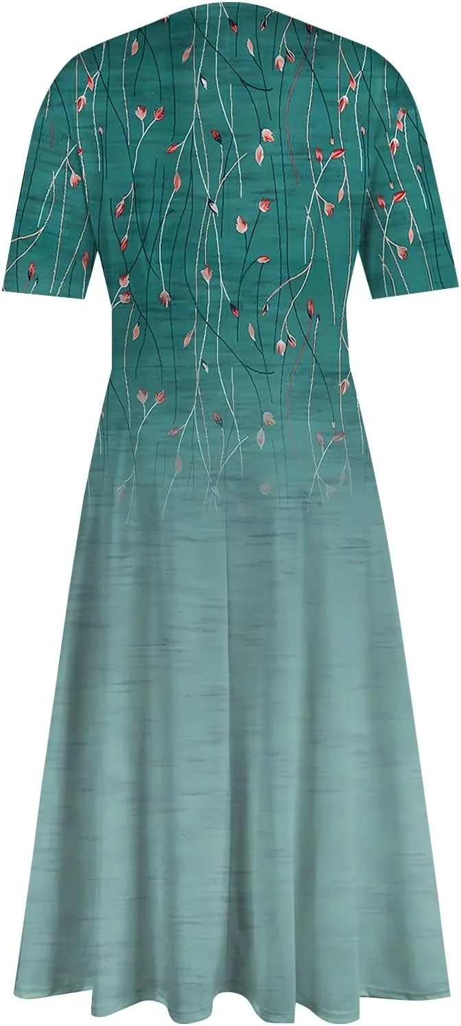 Womens Summer Dresses Sexy V Neck Dresses Short Sleeve Loose Fit Tunic Dress Casual Plus Size Flowy Dresses 2024