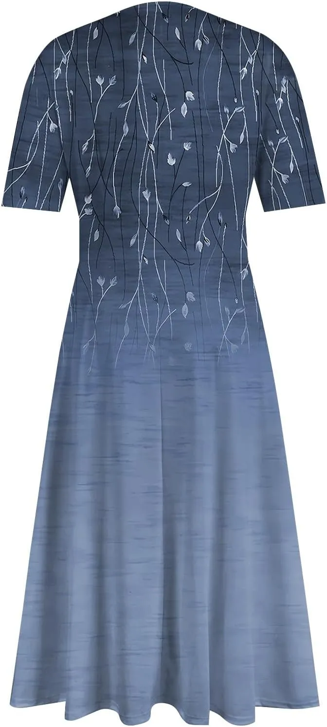 Womens Summer Dresses Sexy V Neck Dresses Short Sleeve Loose Fit Tunic Dress Casual Plus Size Flowy Dresses 2024