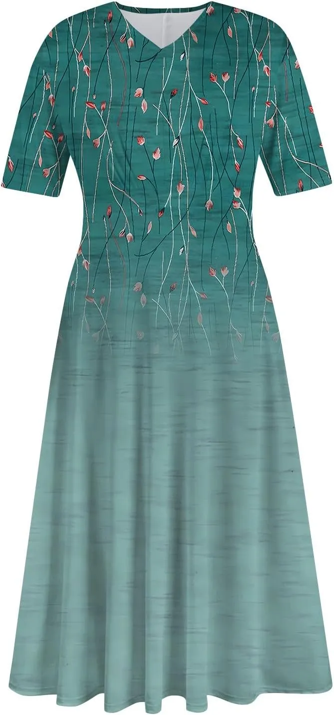 Womens Summer Dresses Sexy V Neck Dresses Short Sleeve Loose Fit Tunic Dress Casual Plus Size Flowy Dresses 2024
