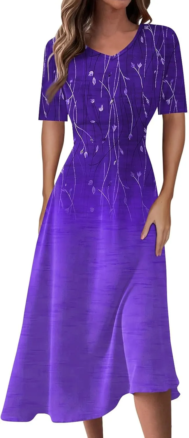 Womens Summer Dresses Sexy V Neck Dresses Short Sleeve Loose Fit Tunic Dress Casual Plus Size Flowy Dresses 2024