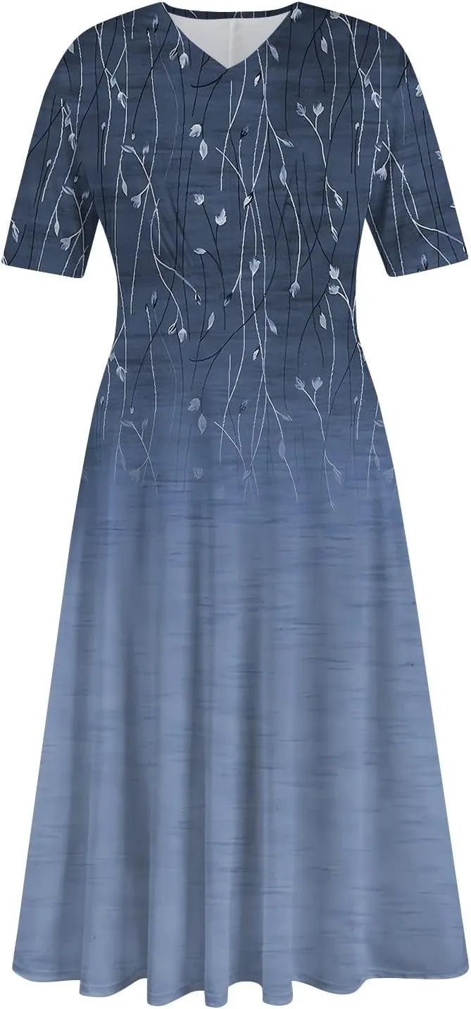 Womens Summer Dresses Sexy V Neck Dresses Short Sleeve Loose Fit Tunic Dress Casual Plus Size Flowy Dresses 2024